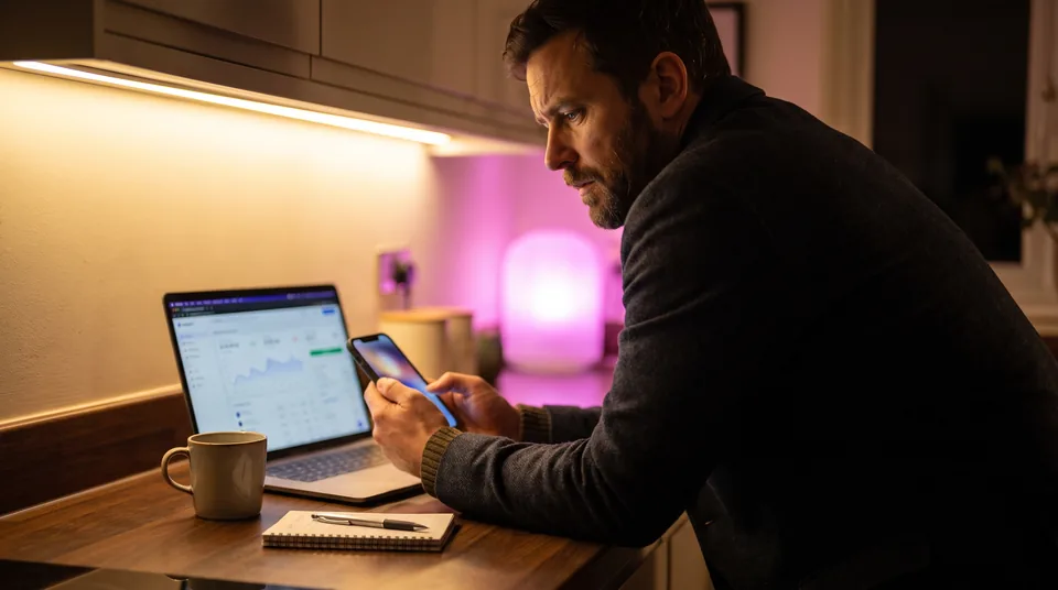 An adult man at a kitchen counter at night checking a subscription receipt on his phone next to a laptop