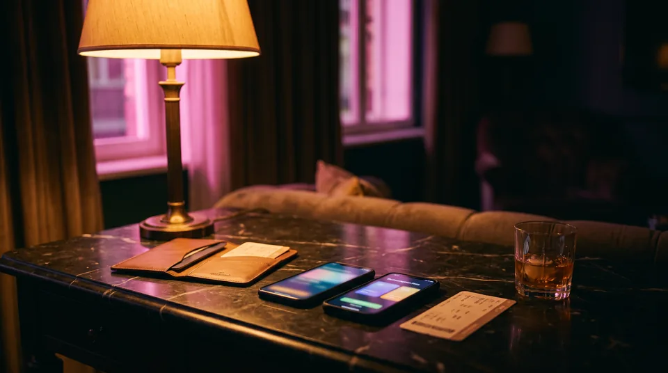 Two phones on a hotel desk at night showing the same subscription screen with different prices