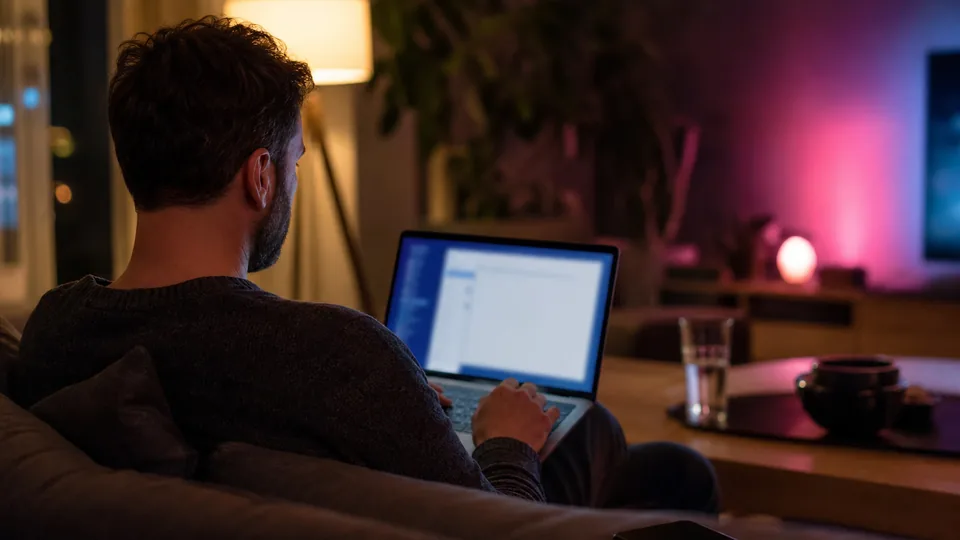 An adult man on a couch at night writing an email on his laptop
