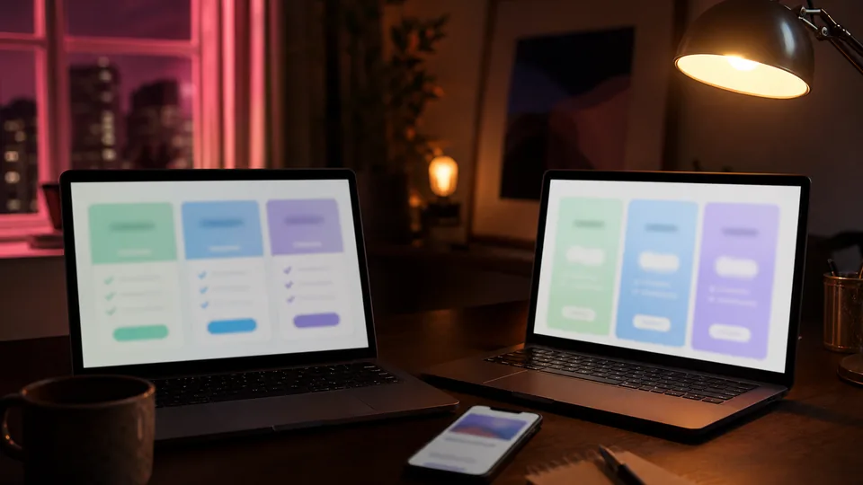 Two laptops on a desk at night showing the same subscription page with different plan prices