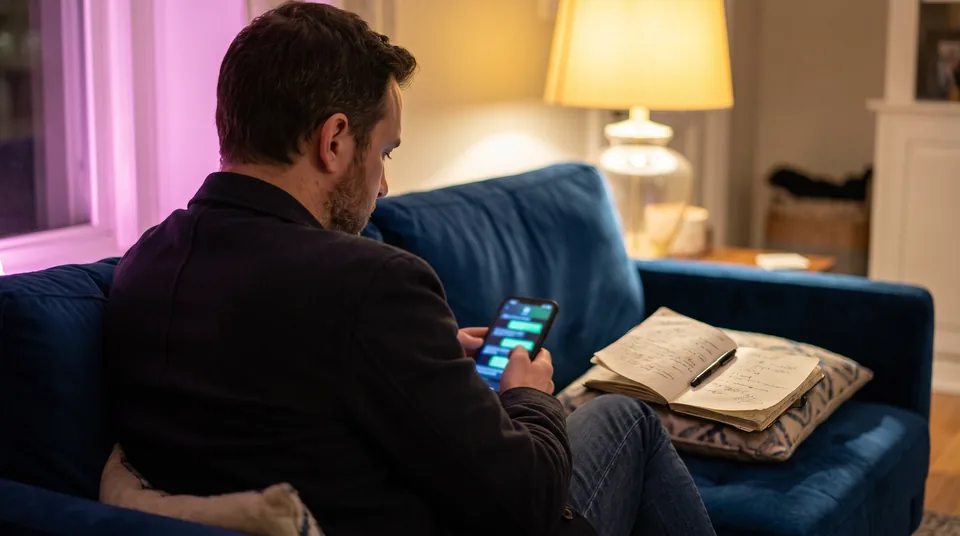 An adult reading a long chat conversation on his phone on a sofa at night