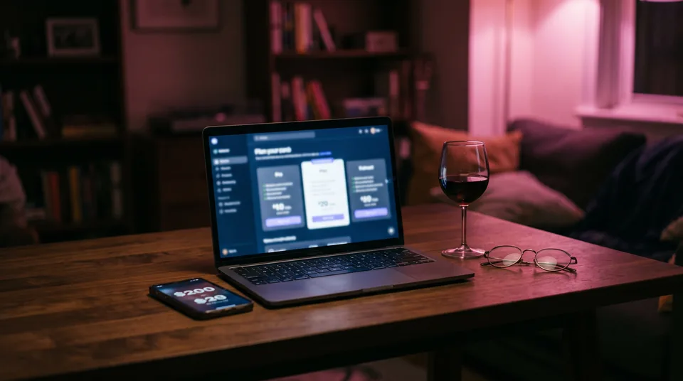 A laptop and a phone on a desk at night, each showing a subscription checkout with different prices